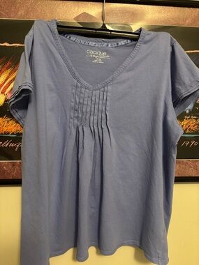 Cacique Periwinkle V-Neck Pintuck Short Sleeve Tee